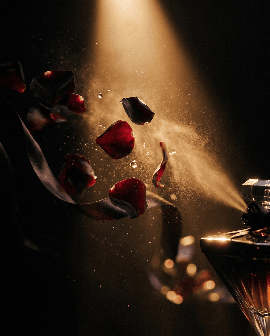Petali e seta che esplodono nello spray di NOIR, luce ambra